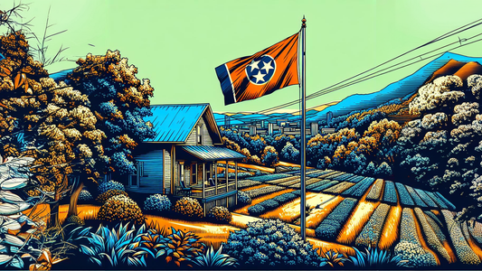 Illustration of the Tennessee state flag flying on a 25-foot flagpole against a clear blue sky.